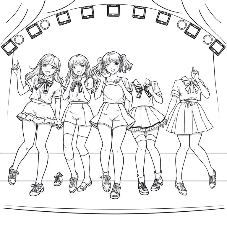 school idols on stage all very cute wearing shorts skirts and all with their own cute styles dancing in sync the background on stage is pop and cute kawwai is the main theme make on style cute and a little show like another shorts with ribbons chache another  wearing a dress coated in Daimond of the finest the last wearing cute shoes long out hair with loushous stuff make the fifth have  a big skirt all long socks and each with a faceeeee