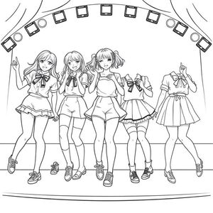 school idols on stage all very cute wearing shorts skirts and all with their own cute styles dancing in sync the background on stage is pop and cute kawwai is the main theme make on style cute and a little show like another shorts with ribbons chache another  wearing a dress coated in Daimond of the finest the last wearing cute shoes long out hair with loushous stuff make the fifth have  a big skirt all long socks and each with a faceeeee