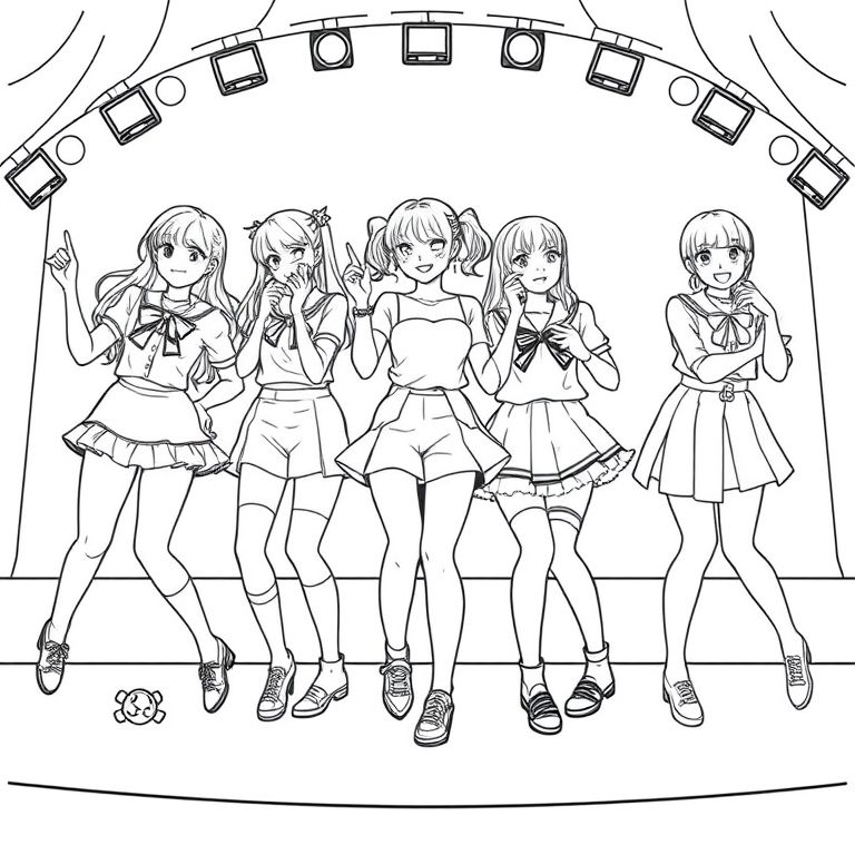 school idols on stage all very cute wearing shorts skirts and all with their own cute styles dancing in sync the background on stage is pop and cute kawwai is the main theme make on style cute and a little show like another shorts with ribbons chache another  wearing a dress coated in Daimond of the finest the last wearing cute shoes long out hair with loushous stuff make the fifth have  a big skirt all long socks and each with a faceeeee all cute faces if they don’t have a face don’t add them innn