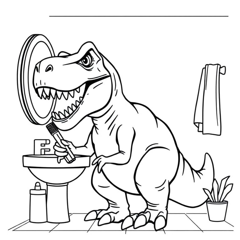 a t rex brushing his teeth in a bathroom