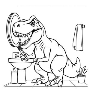 a t rex brushing his teeth in a bathroom