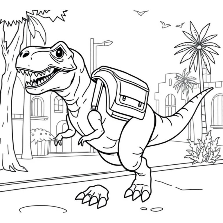 A t-rex walking down the street with a back pack on 