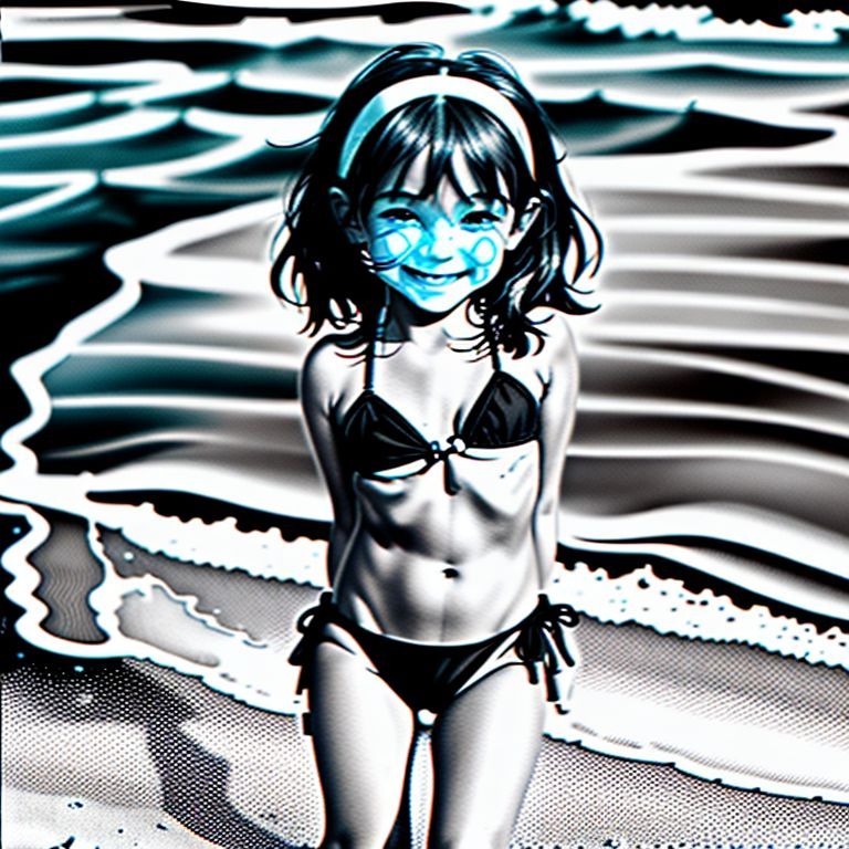 a girl at the beach wearing a bikini a kid girl smiling really cutely in a cute pose the girl
 around 14 in the water anime style 