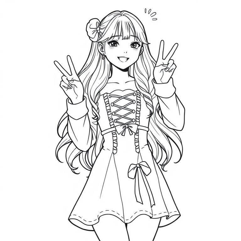 an idol on stage wearing a cute dress with long fluent hair putting her hand us close to her side bunt both doing the peace sign while smiling like there’s no tommorow she is very cute. and her dress is quite short and cute with a ribbon coming from the torso coming down all the way to her ankles and binned up sleeves with a top plaited in pink and gold metallic looking ribbons coming from her chest