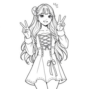 an idol on stage wearing a cute dress with long fluent hair putting her hand us close to her side bunt both doing the peace sign while smiling like there’s no tommorow she is very cute. and her dress is quite short and cute with a ribbon coming from the torso coming down all the way to her ankles and binned up sleeves with a top plaited in pink and gold metallic looking ribbons coming from her chest