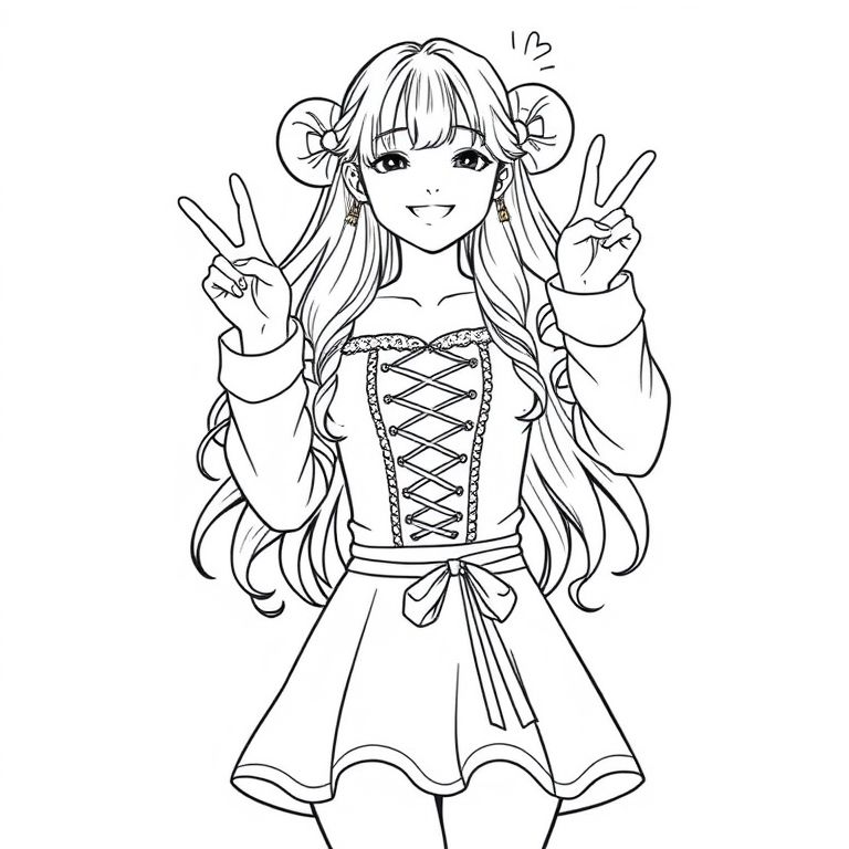 an idol on stage wearing a cute dress with long fluent hair putting her hand us close to her side buns both doing the peace sign while smiling like there’s no tommorow she is very cute. and her dress is quite short and cute with a ribbon coming from the torso coming down all the way to her ankles and binned up sleeves with a top plaited in pink and gold metallic looking ribbons coming from her chest