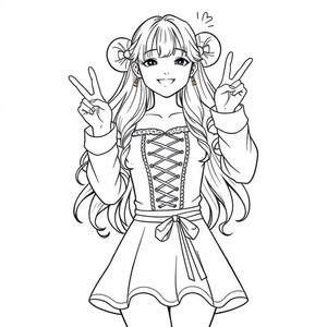 an idol on stage wearing a cute dress with long fluent hair putting her hand us close to her side buns both doing the peace sign while smiling like there’s no tommorow she is very cute. and her dress is quite short and cute with a ribbon coming from the torso coming down all the way to her ankles and binned up sleeves with a top plaited in pink and gold metallic looking ribbons coming from her chest