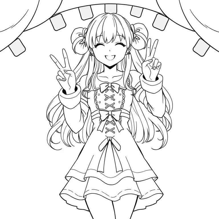 an idol on stage wearing a cute dress with long fluent hair putting her hand us close to her side buns both doing the peace sign while smiling like there’s no tommorow she is very cute. and her dress is quite short and cute with a ribbon coming from the torso coming down all the way to her ankles and binned up sleeves with a top plaited in pink and gold metallic looking ribbons coming from her chest. anime style