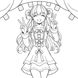 an idol on stage wearing a cute dress with long fluent hair putting her hand us close to her side buns both doing the peace sign while smiling like there’s no tommorow she is very cute. and her dress is quite short and cute with a ribbon coming from the torso coming down all the way to her ankles and binned up sleeves with a top plaited in pink and gold metallic looking ribbons coming from her chest. anime style