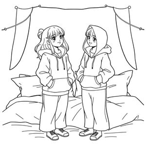 I girl having a sleepover with her bff the both girls stood up talking in a cute pose with long hoodies covering a short amount of thier legs both not wearing short and holding their hoodies down a bit, with  pillows and bedding behind them  smiling like the best things has happened