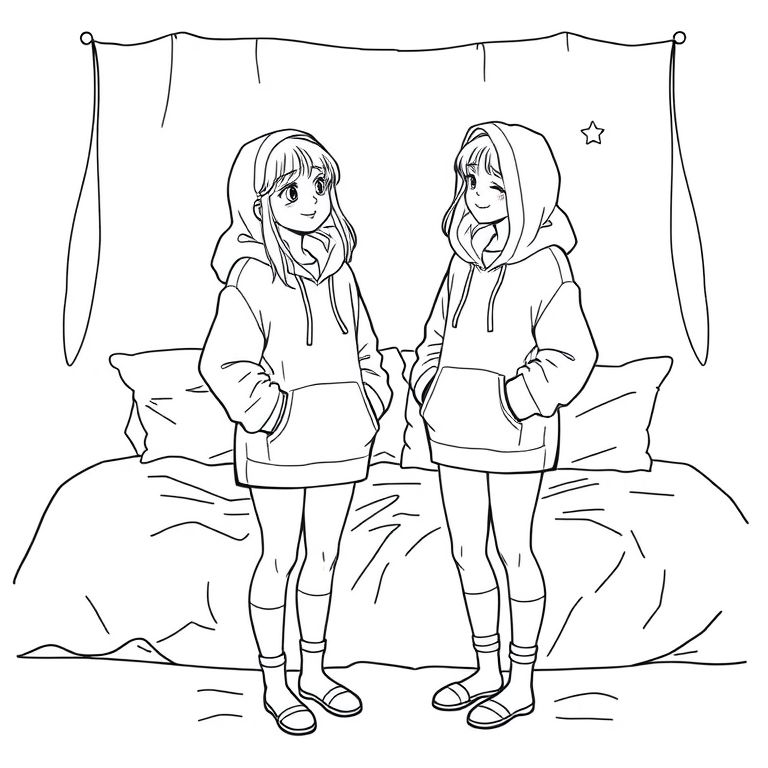 I girl having a sleepover with her bff the both girls stood up talking in a cute pose with long hoodies covering a short amount of thier legs both not wearing short and holding their hoodies down a bit, with  pillows and bedding behind them  smiling like the best things has happened none of them are wearing shorts or trousers the legs are showing and they aren’t a wearing shoes just long socks