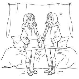 I girl having a sleepover with her bff the both girls stood up talking in a cute pose with long hoodies covering a short amount of thier legs both not wearing short and holding their hoodies down a bit, with  pillows and bedding behind them  smiling like the best things has happened none of them are wearing shorts or trousers the legs are showing and they aren’t a wearing shoes just long socks