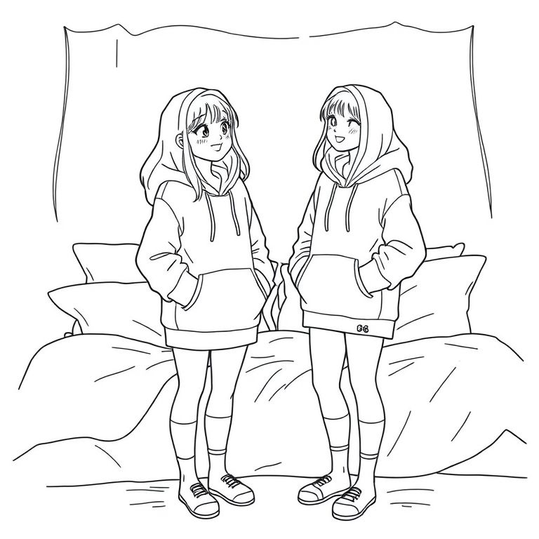 I girl having a sleepover with her bff the both girls stood up talking in a cute pose with long hoodies covering a short amount of thier legs both not wearing short and holding their hoodies down a bit, with  pillows and bedding behind them  smiling like the best things has happened none of them are wearing shorts or trousers the legs are showing and they aren’t a wearing shoes just long socks both hoods are down and hands are out of they’re pockets and holding the rim of the hoodies