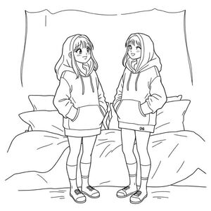 I girl having a sleepover with her bff the both girls stood up talking in a cute pose with long hoodies covering a short amount of thier legs both not wearing short and holding their hoodies down a bit, with  pillows and bedding behind them  smiling like the best things has happened none of them are wearing shorts or trousers the legs are showing and they aren’t a wearing shoes just long socks both hoods are down and hands are out of they’re pockets and holding the rim of the hoodies