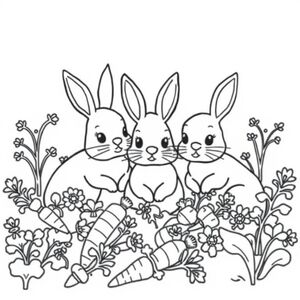 cute rabbits sitting in a field of carrots