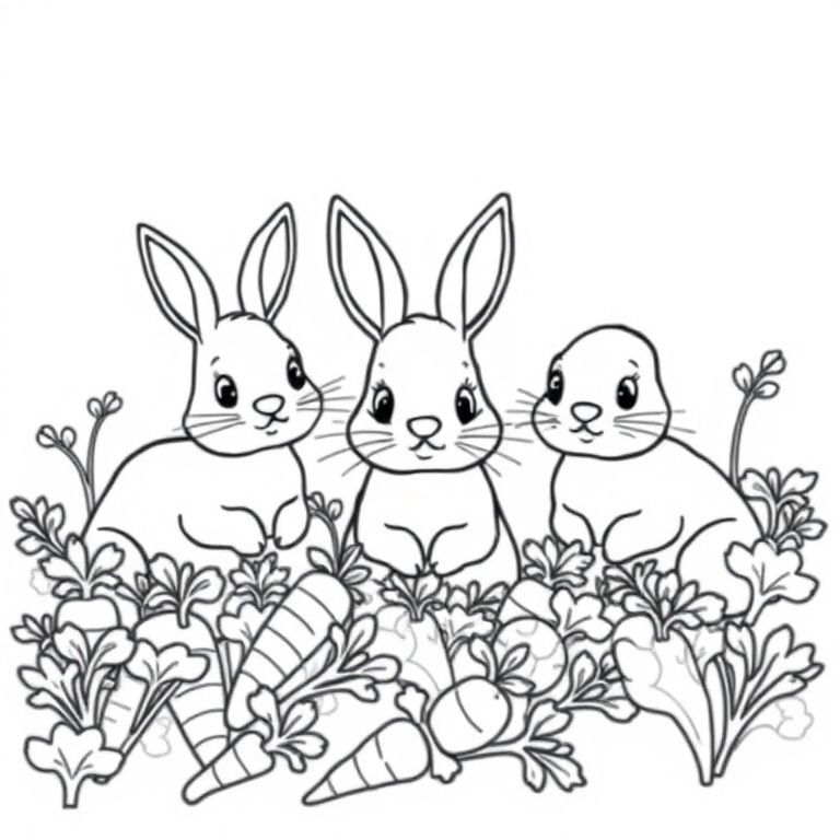 cute rabbits sitting in a field of carrots (no missing ears)
