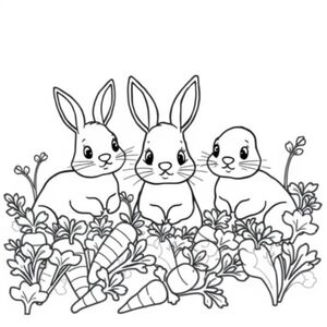cute rabbits sitting in a field of carrots (no missing ears)