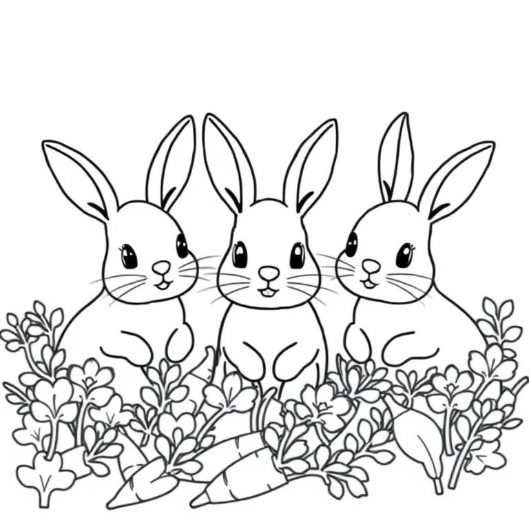 cute rabbits sitting in a field of carrots with ears up