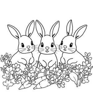 cute rabbits sitting in a field of carrots with ears up
