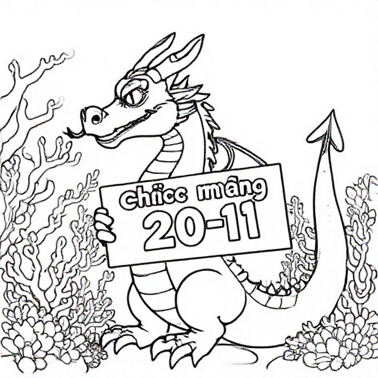 A profile view of a friendly dragon, holding a sign with "Chúc mừng 20-11" written in white bubble letters, in profile, in a underwater coral reef kingdom, surrealist style