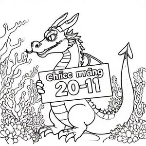 A profile view of a friendly dragon, holding a sign with "Chúc mừng 20-11" written in white bubble letters, in profile, in a underwater coral reef kingdom, surrealist style