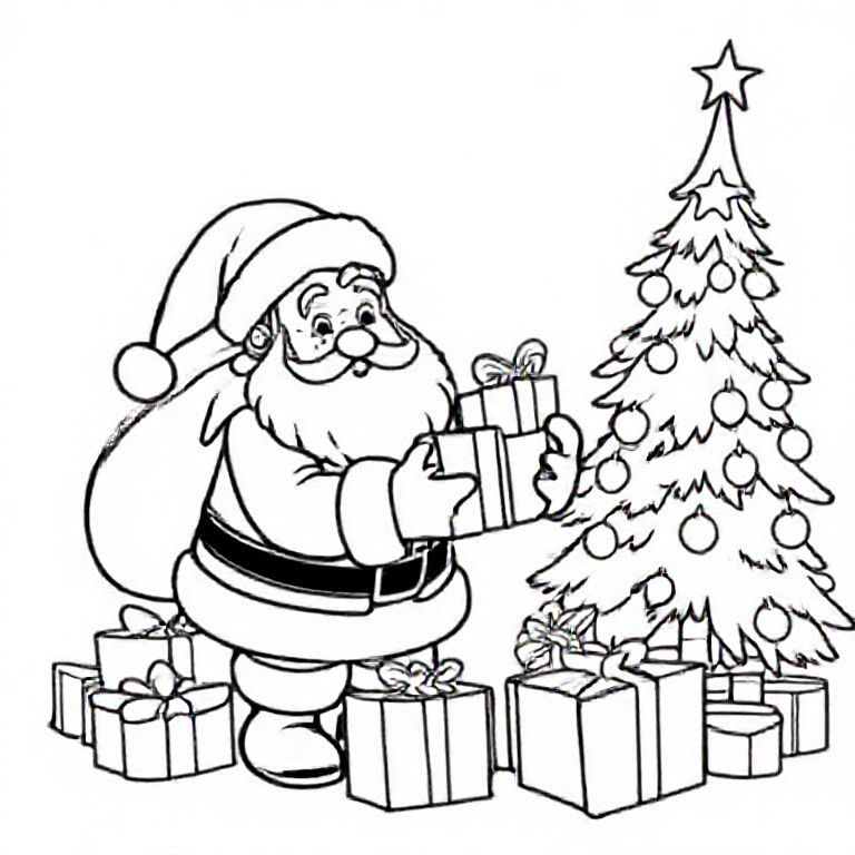 Santa putting gifts under the tree, cute Christmas themed illustration for kids, black and white coloring book page, clean vector line art, bold thick outlines, no color, no shading, no grayscale, no background shading, only black lines on white background, super clean and simple, perfect for children coloring, 8.5x11 layout, high resolution, smooth lines, no textures,  no gradients, no fill areas, simple shapes, line drawing only

