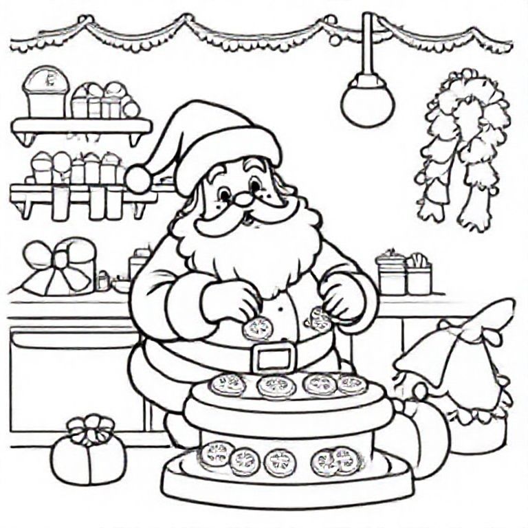 Santa baking cookies in the kitchen, cute Christmas themed illustration for kids, black and white coloring book page, clean vector line art, bold thick outlines, no color, no shading, no grayscale, no background shading, only black lines on white background, super clean and simple, perfect for children coloring, 8.5x11 layout, high resolution, smooth lines, no textures,  no gradients, no fill areas, simple shapes, line drawing only
