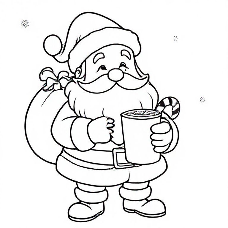 Santa drinking hot chocolate, cute Christmas themed illustration for kids, black and white coloring book page, clean vector line art, bold thick outlines, no color, no shading, no grayscale, no background shading, only black lines on white background, super clean and simple, perfect for children coloring, 8.5x11 layout, high resolution, smooth lines, no textures, no gradients,  no fill areas, simple shapes, line drawing only
