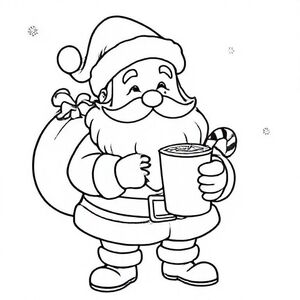 Santa drinking hot chocolate, cute Christmas themed illustration for kids, black and white coloring book page, clean vector line art, bold thick outlines, no color, no shading, no grayscale, no background shading, only black lines on white background, super clean and simple, perfect for children coloring, 8.5x11 layout, high resolution, smooth lines, no textures, no gradients,  no fill areas, simple shapes, line drawing only
