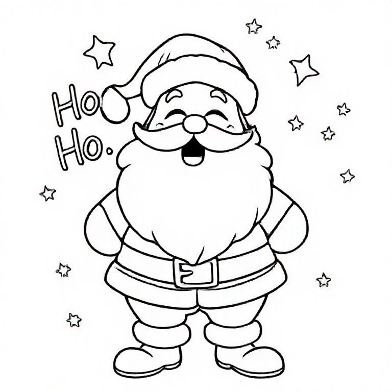 Santa laughing “Ho Ho Ho” with stars around, cute Christmas themed illustration for kids, black and white coloring book page, clean vector line art, bold thick outlines, no color, no shading, no grayscale, no background shading, only black lines on white background, super clean and simple, perfect for children coloring, 8.5x11 layout, high resolution, smooth lines,  no textures, no gradients, no fill areas, simple shapes, line drawing only
