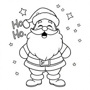 Santa laughing “Ho Ho Ho” with stars around, cute Christmas themed illustration for kids, black and white coloring book page, clean vector line art, bold thick outlines, no color, no shading, no grayscale, no background shading, only black lines on white background, super clean and simple, perfect for children coloring, 8.5x11 layout, high resolution, smooth lines,  no textures, no gradients, no fill areas, simple shapes, line drawing only
