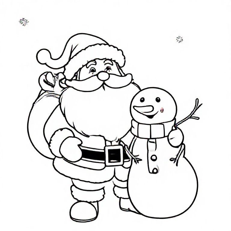 Santa with a cute snowman, cute Christmas themed illustration for kids, black and white coloring book page, clean vector line art, bold thick outlines, no color, no shading, no grayscale, no background shading, only black lines on white background, super clean and simple, perfect for children coloring, 8.5x11 layout, high resolution, smooth lines, no textures, no gradients,  no fill areas, simple shapes, line drawing only
