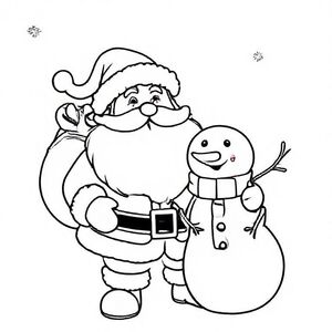 Santa with a cute snowman, cute Christmas themed illustration for kids, black and white coloring book page, clean vector line art, bold thick outlines, no color, no shading, no grayscale, no background shading, only black lines on white background, super clean and simple, perfect for children coloring, 8.5x11 layout, high resolution, smooth lines, no textures, no gradients,  no fill areas, simple shapes, line drawing only
