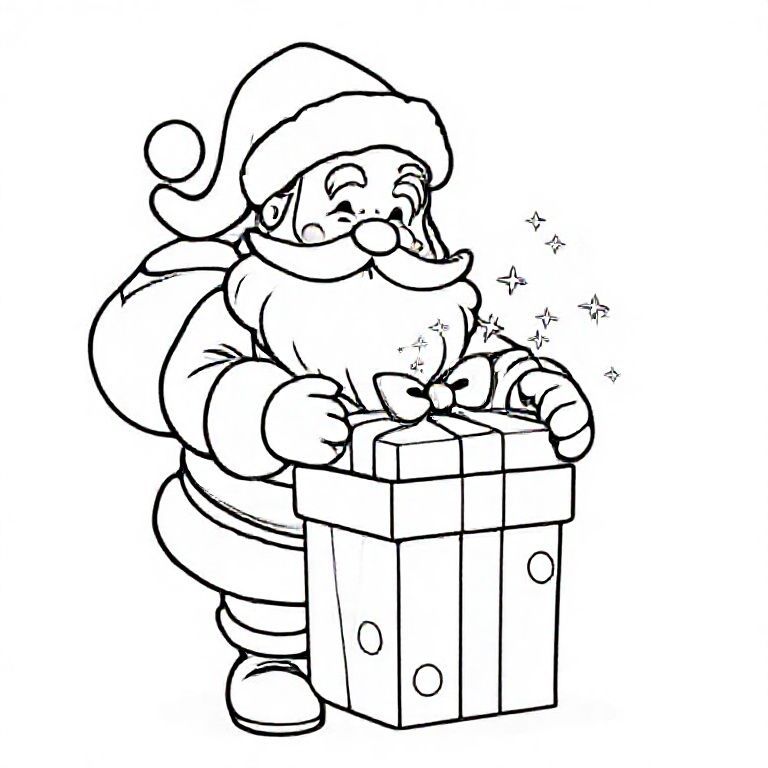 Santa opening a gift box with sparkles, cute Christmas themed illustration for kids, black and white coloring book page, clean vector line art, bold thick outlines, no color, no shading, no grayscale, no background shading, only black lines on white background, super clean and simple, perfect for children coloring, 8.5x11 layout, high resolution, smooth lines, no textures,  no gradients, no fill areas, simple shapes, line drawing only
