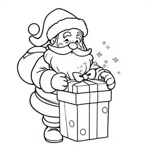 Santa opening a gift box with sparkles, cute Christmas themed illustration for kids, black and white coloring book page, clean vector line art, bold thick outlines, no color, no shading, no grayscale, no background shading, only black lines on white background, super clean and simple, perfect for children coloring, 8.5x11 layout, high resolution, smooth lines, no textures,  no gradients, no fill areas, simple shapes, line drawing only
