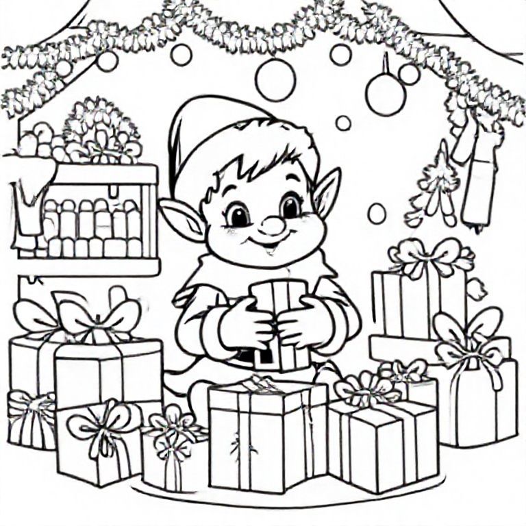 Cute elf wrapping presents in Santa’s workshop, cute Christmas themed illustration for kids, black and white coloring book page, clean vector line art, bold thick outlines, no color, no shading, no grayscale, no background shading, only black lines on white background, super clean and simple, perfect for children coloring, 8.5x11 layout, high resolution, smooth lines, no textures,  no gradients, no fill areas, simple shapes, line drawing only
