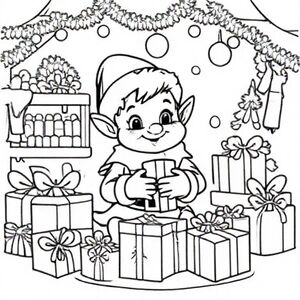 Cute elf wrapping presents in Santa’s workshop, cute Christmas themed illustration for kids, black and white coloring book page, clean vector line art, bold thick outlines, no color, no shading, no grayscale, no background shading, only black lines on white background, super clean and simple, perfect for children coloring, 8.5x11 layout, high resolution, smooth lines, no textures,  no gradients, no fill areas, simple shapes, line drawing only
