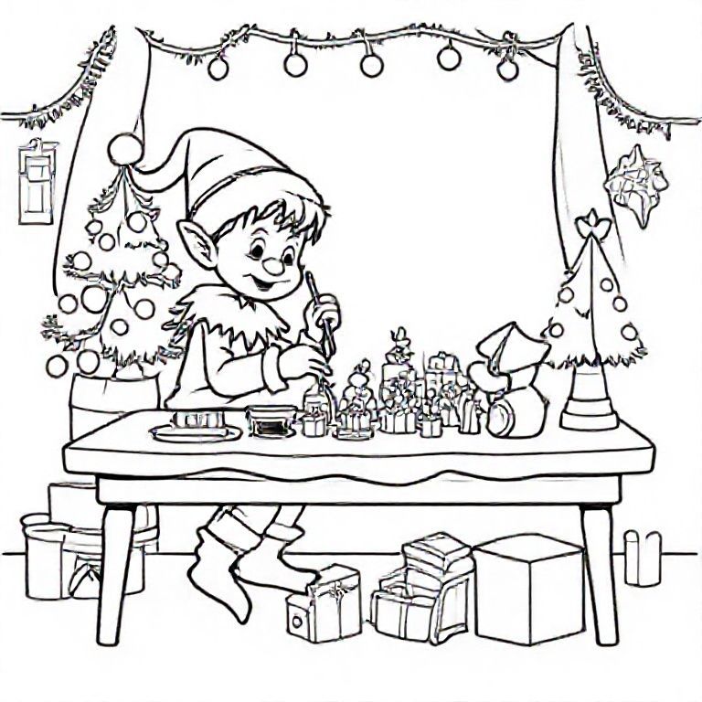 Elf painting toys on a table, cute Christmas themed illustration for kids, black and white coloring book page, clean vector line art, bold thick outlines, no color, no shading, no grayscale, no background shading, only black lines on white background, super clean and simple, perfect for children coloring, 8.5x11 layout, high resolution, smooth lines, no textures,  no gradients, no fill areas, simple shapes, line drawing only
