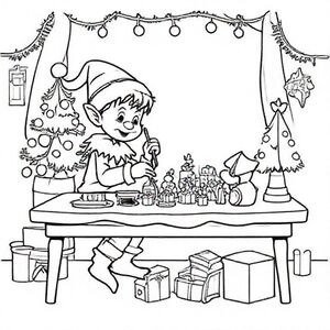 Elf painting toys on a table, cute Christmas themed illustration for kids, black and white coloring book page, clean vector line art, bold thick outlines, no color, no shading, no grayscale, no background shading, only black lines on white background, super clean and simple, perfect for children coloring, 8.5x11 layout, high resolution, smooth lines, no textures,  no gradients, no fill areas, simple shapes, line drawing only
