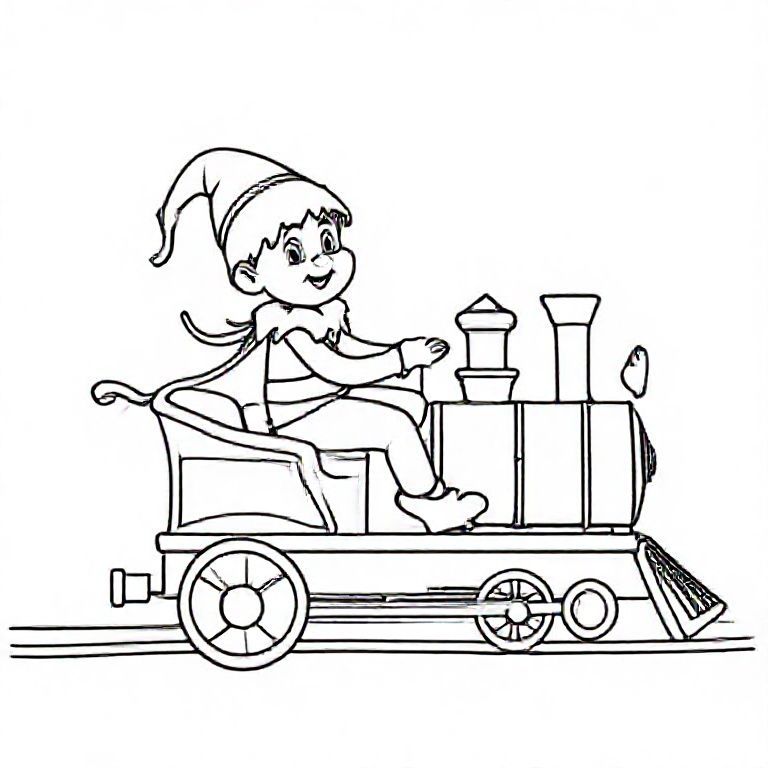 Elf riding a toy train, cute Christmas themed illustration for kids, black and white coloring book page, clean vector line art, bold thick outlines, no color, no shading, no grayscale, no background shading, only black lines on white background, super clean and simple, perfect for children coloring, 8.5x11 layout, high resolution, smooth lines, no textures, no gradients,  no fill areas, simple shapes, line drawing only
