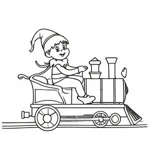 Elf riding a toy train, cute Christmas themed illustration for kids, black and white coloring book page, clean vector line art, bold thick outlines, no color, no shading, no grayscale, no background shading, only black lines on white background, super clean and simple, perfect for children coloring, 8.5x11 layout, high resolution, smooth lines, no textures, no gradients,  no fill areas, simple shapes, line drawing only
