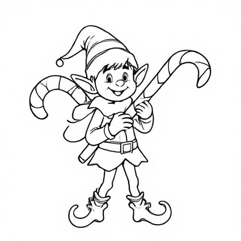 Elf carrying a huge candy cane, cute Christmas themed illustration for kids, black and white coloring book page, clean vector line art, bold thick outlines, no color, no shading, no grayscale, no background shading, only black lines on white background, super clean and simple, perfect for children coloring, 8.5x11 layout, high resolution, smooth lines, no textures,  no gradients, no fill areas, simple shapes, line drawing only
