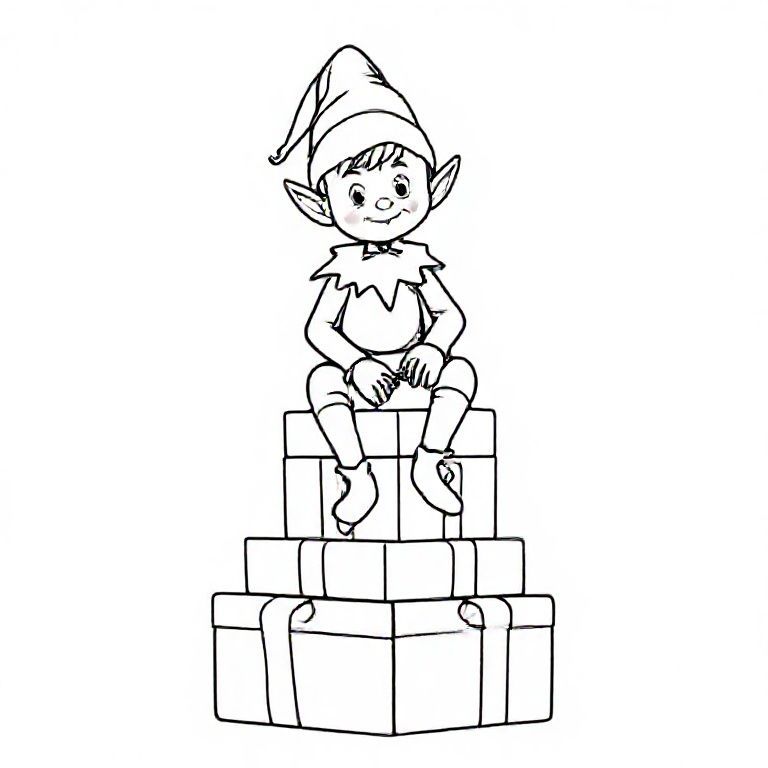 Elf sitting on a stack of gifts, cute Christmas themed illustration for kids, black and white coloring book page, clean vector line art, bold thick outlines, no color, no shading, no grayscale, no background shading, only black lines on white background, super clean and simple, perfect for children coloring, 8.5x11 layout, high resolution, smooth lines, no textures,  no gradients, no fill areas, simple shapes, line drawing only