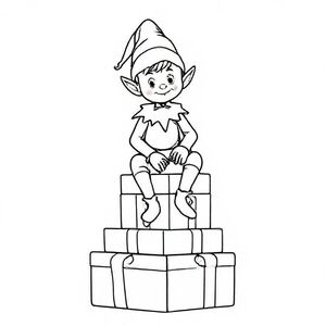 Elf sitting on a stack of gifts, cute Christmas themed illustration for kids, black and white coloring book page, clean vector line art, bold thick outlines, no color, no shading, no grayscale, no background shading, only black lines on white background, super clean and simple, perfect for children coloring, 8.5x11 layout, high resolution, smooth lines, no textures,  no gradients, no fill areas, simple shapes, line drawing only