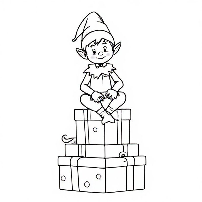Elf sitting on a stack of gifts, cute Christmas themed illustration for kids, black and white coloring book page, clean vector line art, bold thick outlines, no color, no shading, no grayscale, no background shading, only black lines on white background, super clean and simple, perfect for children coloring, 8.5x11 layout, high resolution, smooth lines, no textures,  no gradients, no fill areas, simple shapes, line drawing only
