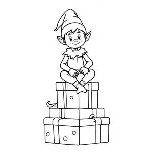 Elf sitting on a stack of gifts, cute Christmas themed illustration for kids, black and white coloring book page, clean vector line art, bold thick outlines, no color, no shading, no grayscale, no background shading, only black lines on white background, super clean and simple, perfect for children coloring, 8.5x11 layout, high resolution, smooth lines, no textures,  no gradients, no fill areas, simple shapes, line drawing only
