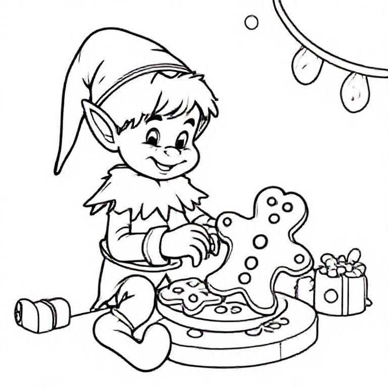 Elf making gingerbread cookies, cute Christmas themed illustration for kids, black and white coloring book page, clean vector line art, bold thick outlines, no color, no shading, no grayscale, no background shading, only black lines on white background, super clean and simple, perfect for children coloring, 8.5x11 layout, high resolution, smooth lines, no textures, no gradients,  no fill areas, simple shapes, line drawing only