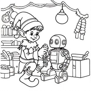 Elf fixing a toy robot in workshop, cute Christmas themed illustration for kids, black and white coloring book page, clean vector line art, bold thick outlines, no color, no shading, no grayscale, no background shading, only black lines on white background, super clean and simple, perfect for children coloring, 8.5x11 layout, high resolution, smooth lines, no textures,  no gradients, no fill areas, simple shapes, line drawing only