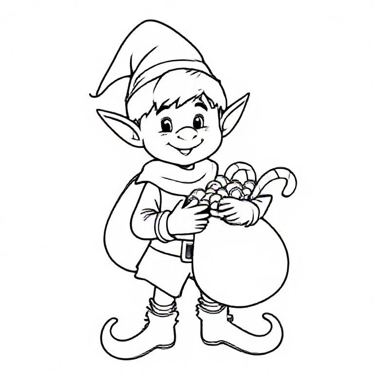 Elf with a bag of candy, cute Christmas themed illustration for kids, black and white coloring book page, clean vector line art, bold thick outlines, no color, no shading, no grayscale, no background shading, only black lines on white background, super clean and simple, perfect for children coloring, 8.5x11 layout, high resolution, smooth lines, no textures,  no gradients, no fill areas, simple shapes, line drawing only
