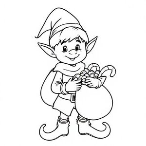 Elf with a bag of candy, cute Christmas themed illustration for kids, black and white coloring book page, clean vector line art, bold thick outlines, no color, no shading, no grayscale, no background shading, only black lines on white background, super clean and simple, perfect for children coloring, 8.5x11 layout, high resolution, smooth lines, no textures,  no gradients, no fill areas, simple shapes, line drawing only
